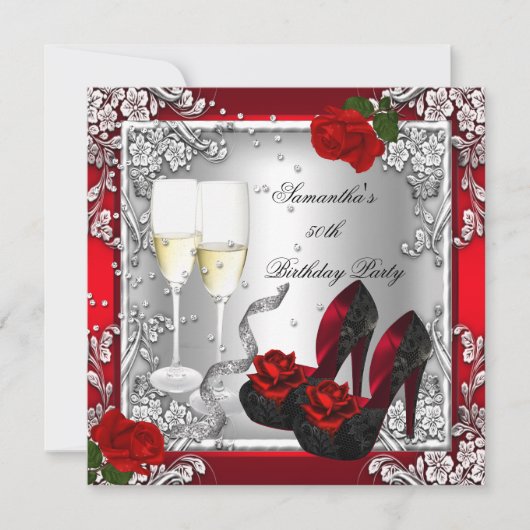 50e verjaardag Elegant Red Rose Silver Kaart (Voorkant)