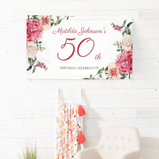 50e verjaardag Elegant roze witte flacon Spandoek (Insitu)