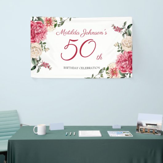 50e verjaardag Elegant roze witte flacon Spandoek (Beurs)