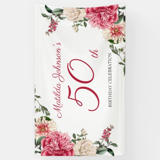 50e verjaardag Elegant roze witte flacon Spandoek (Verticaal)