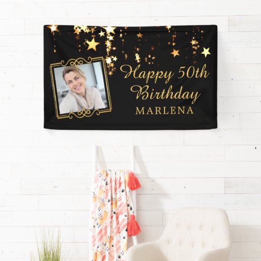50e verjaardag Elegant Script Gold Stars Foto Spandoek (Insitu)