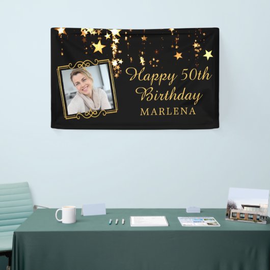 50e verjaardag Elegant Script Gold Stars Foto Spandoek (Beurs)