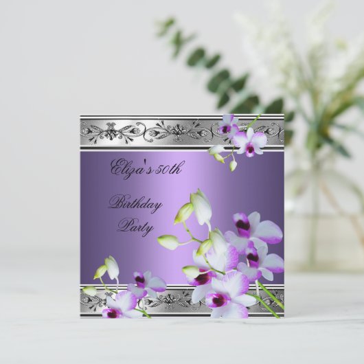 50e Verjaardag Elegant Zilver Grijs Lila Bloem (Staand voorkant)