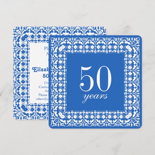 50e verjaardag Elegante Blauw-Wit Party Uitnodigin Kaart (Voorkant / Achterkant)