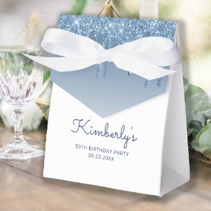 50e Verjaardag Elegante Blauwe Glitter Drip Script Bedankdoosjes