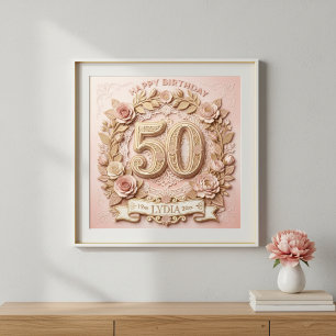 50e Verjaardag Elegante Bloemige Papercut Stijl Poster