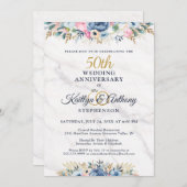 50e verjaardag Elegante bloemmotief goud marinebla Kaart (Voorkant / Achterkant)