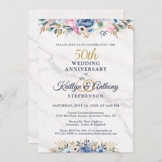 50e verjaardag Elegante bloemmotief goud marinebla Kaart (Voorkant / Achterkant)