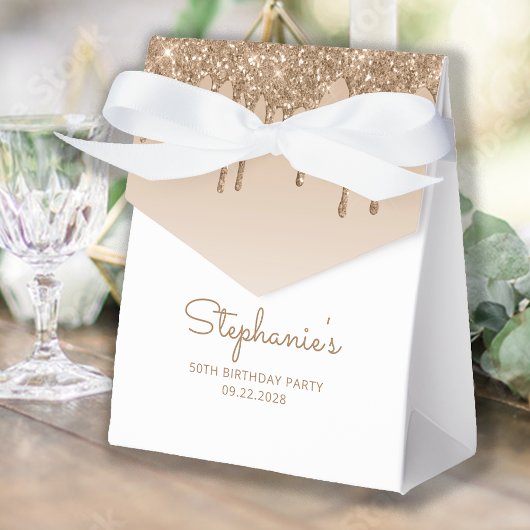 50e Verjaardag Elegante Gouden Glitter Drip Script Bedankdoosjes