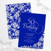 50e verjaardag Elegante Royal Blue Silver Rozen Kaart