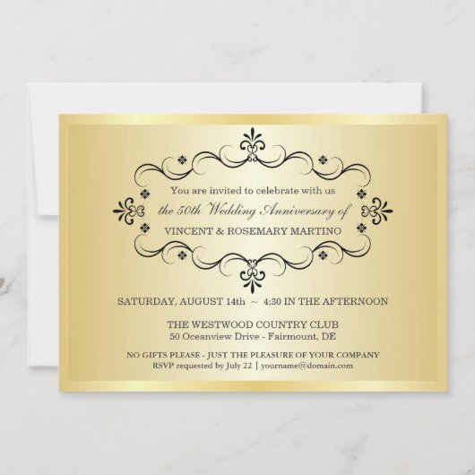 50e verjaardag Elegante Zwarte Gouden Foto Uitnodi Kaart (Achterkant)
