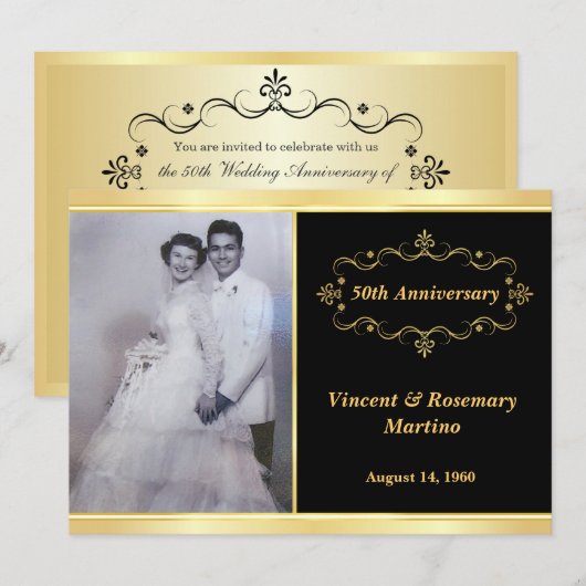 50e verjaardag Elegante Zwarte Gouden Foto Uitnodi Kaart (Voorkant / Achterkant)