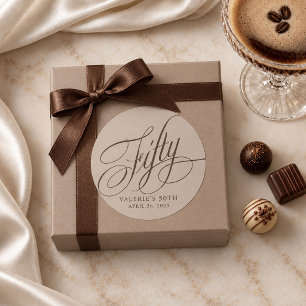 50e verjaardag Espresso Bruine Calligraphy Taupe Ronde Sticker