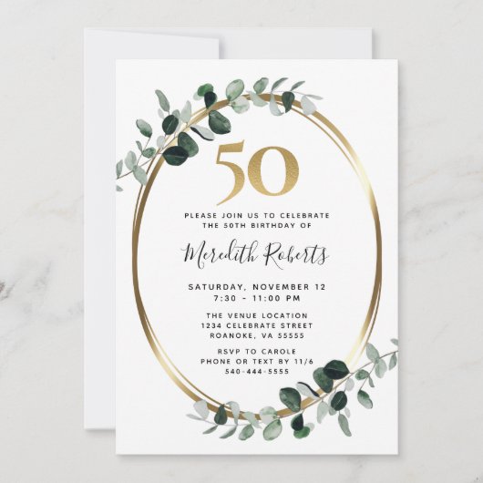 50e verjaardag Eucalyptus Gold Metallic Party Kaart (Voorkant)