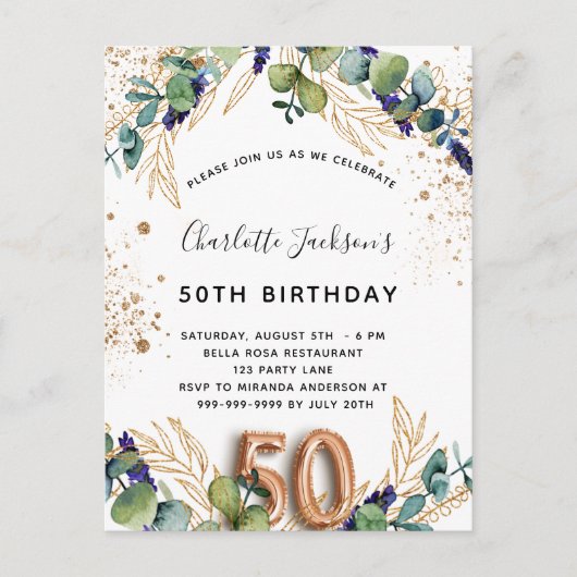 50e verjaardag eucalyptus greenery glitter elegant uitnodiging briefkaart (Voorkant)