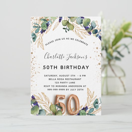 50e verjaardag eucalyptus greenery glitter luxe kaart (Staand voorkant)