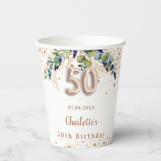 50e verjaardag eucalyptus greenery glitter name papieren bekers (Achterkant)
