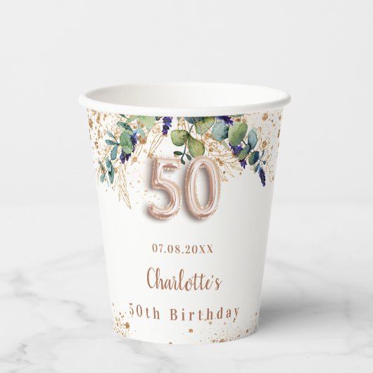 50e verjaardag eucalyptus greenery glitter name papieren bekers (Voorkant)