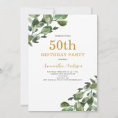 50e verjaardag Eucalyptus Waterverf Gold Script Kaart (Voorkant)