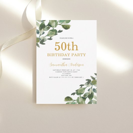 50e verjaardag Eucalyptus Waterverf Gold Script Kaart