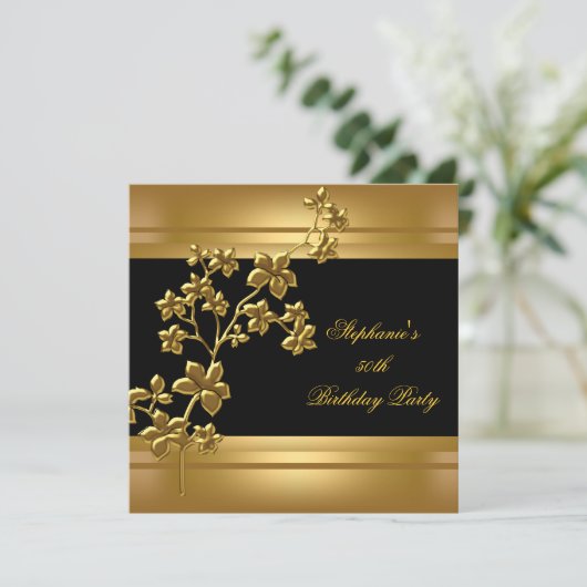50e verjaardag Exotic Gold Black Floral Kaart (Staand voorkant)