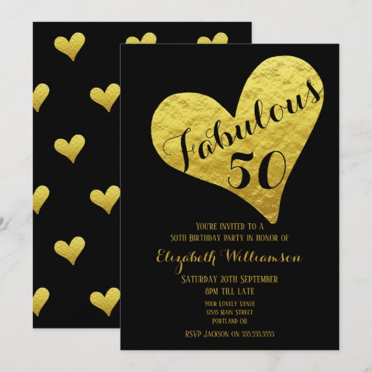 50e verjaardag Fabulous 50 Black | Faux Gold Heart Kaart (Voorkant / Achterkant)