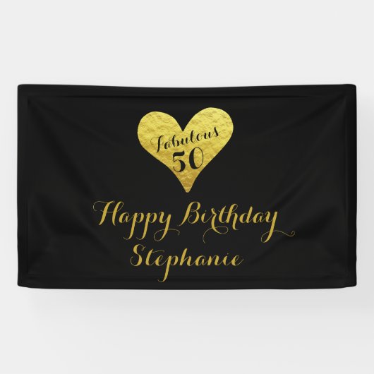 50e verjaardag Fabulous 50 Black | Faux Gold Heart Spandoek (Horizontaal)