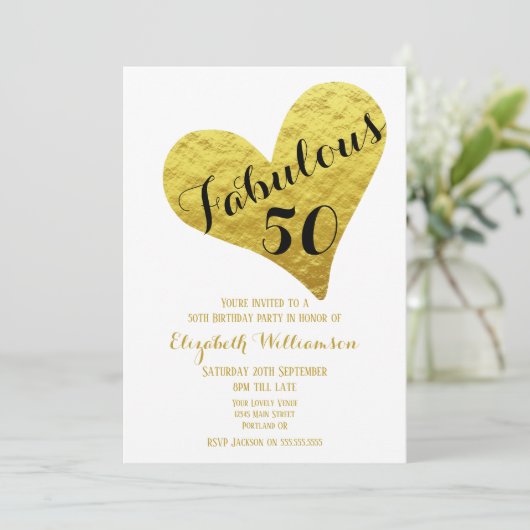 50e verjaardag Fabulous 50 White| Faux Gold Heart Kaart (Staand voorkant)