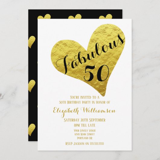 50e verjaardag Fabulous 50 White| Faux Gold Heart Kaart (Voorkant / Achterkant)