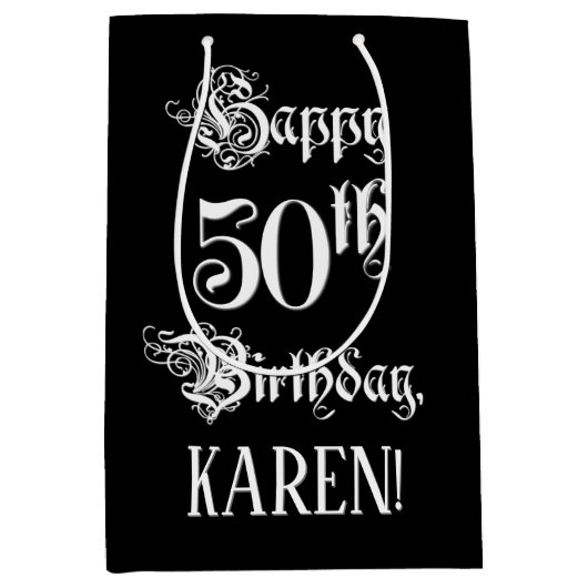 50e verjaardag: Fancy, elegant script + aangepaste Medium Cadeauzakje (Voorkant)