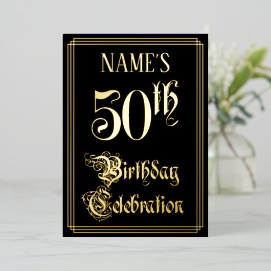 50e verjaardag — Fancy script en aangepaste naam Folie Uitnodiging (Staand Voorkant)