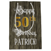 50e verjaardag: Faux Gold look & Faux Wood Pattern Medium Cadeauzakje (Voorkant)
