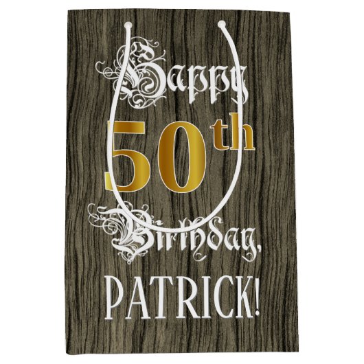 50e verjaardag: Faux Gold look & Faux Wood Pattern Medium Cadeauzakje (Voorkant)