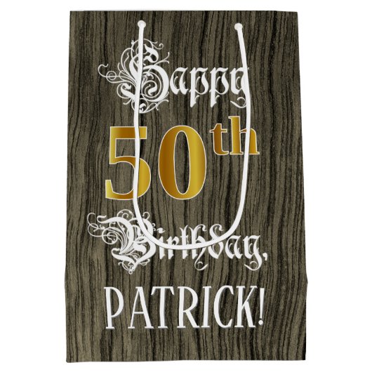 50e verjaardag: Faux Gold look & Faux Wood Pattern Medium Cadeauzakje (Achterkant)