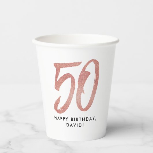 50e verjaardag faux roos goud glitter gepersonalis papieren bekers (Voorkant)