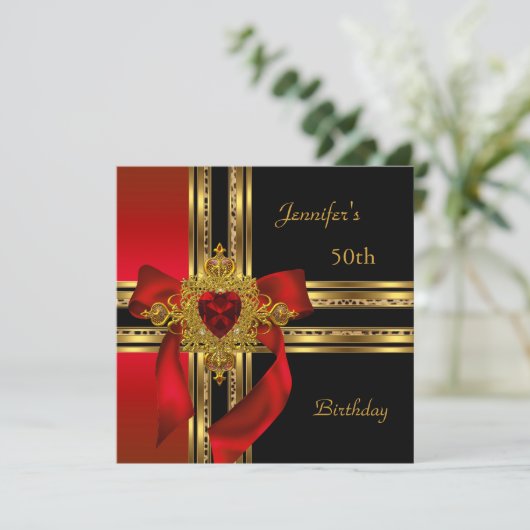 50e Verjaardag Feest Rood Goud Hart Juweel Kaart (Staand voorkant)