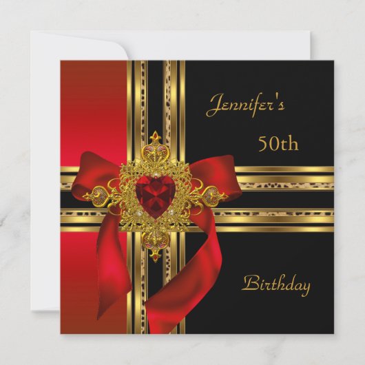 50e Verjaardag Feest Rood Goud Hart Juweel Kaart (Voorkant)