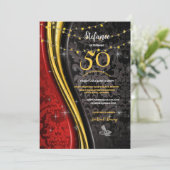 50e Verjaardag Feest Rood, Goud & Zwart Swirls Kaart (Staand voorkant)