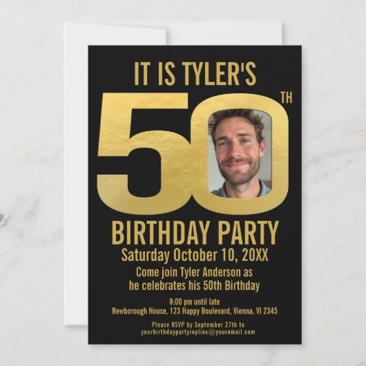 50e Verjaardag feest zwart goud foto Kaart (Voorkant)