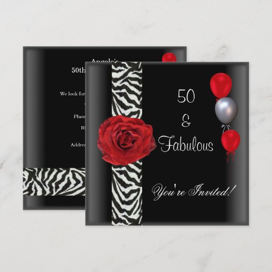 50e Verjaardag Feest Zwart Wit Rood Rose Zebra Kaart (Voorkant / Achterkant)