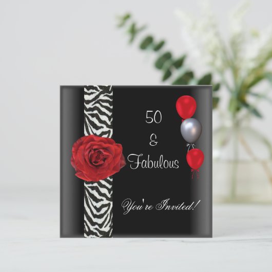 50e Verjaardag Feest Zwart Wit Rood Rose Zebra Kaart (Staand voorkant)