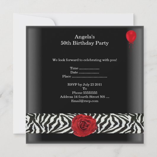 50e Verjaardag Feest Zwart Wit Rood Rose Zebra Kaart (Achterkant)