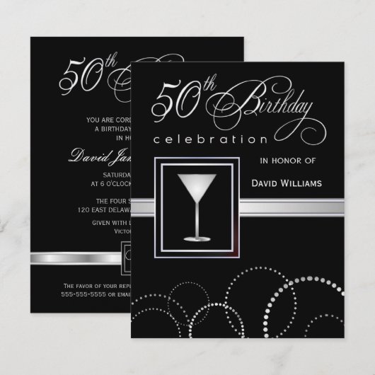 50e verjaardag feestdagen - zwart en zilver kaart (Voorkant / Achterkant)