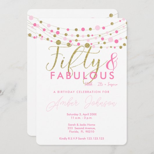 50e verjaardag feestuitnodiging, roze en goud kaart (Voorkant / Achterkant)