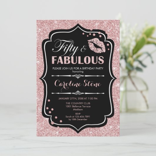 50e Verjaardag - Fifty Fabulous Roos Goud Zwart Kaart (Staand voorkant)