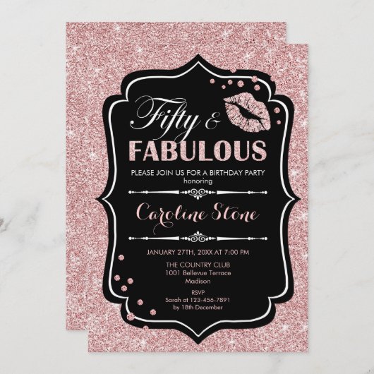 50e Verjaardag - Fifty Fabulous Roos Goud Zwart Kaart (Voorkant / Achterkant)