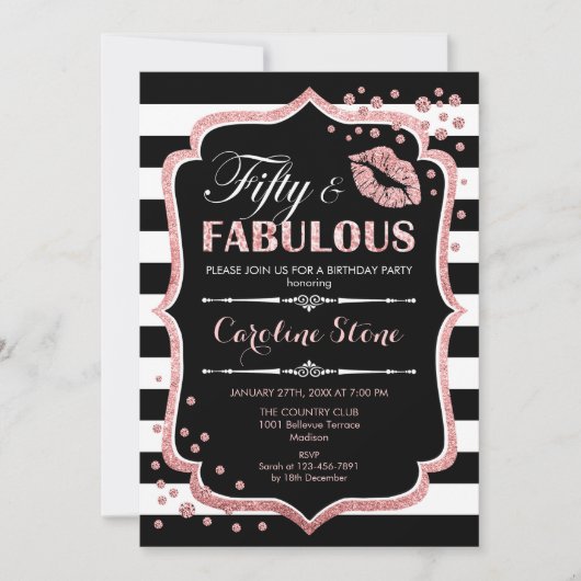 50e verjaardag - Fifty Fabulous Zwart Roos Goud Kaart (Voorkant)