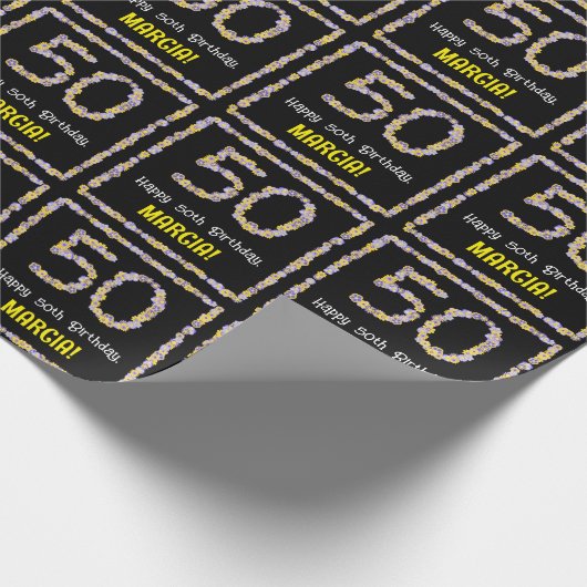 50e verjaardag: Floral Flowers Number, Custom Name Cadeaupapier (Hoek)