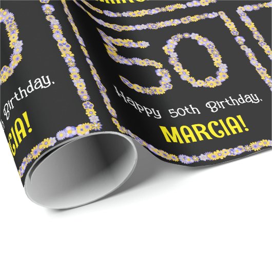 50e verjaardag: Floral Flowers Number, Custom Name Cadeaupapier (Rol Hoek)