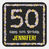 50e verjaardag: Floral Flowers Number, Custom Name Vierkante Sticker (Voorkant)